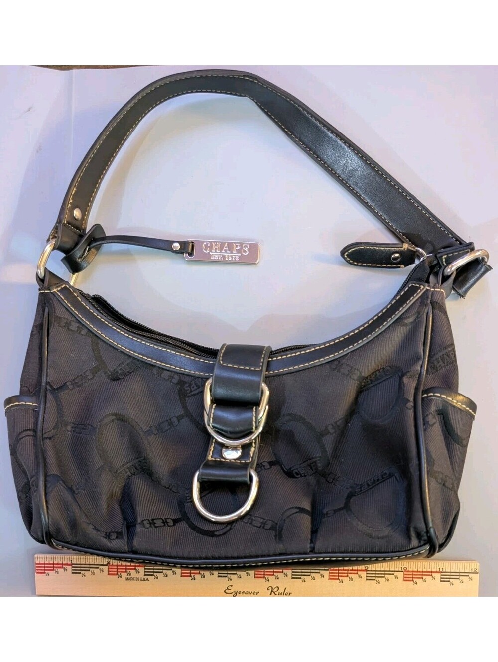 Chaps Est 1978 Black Jacquard Logo Canvas Shoulder Bag Purse D-Ring Buckle 👜